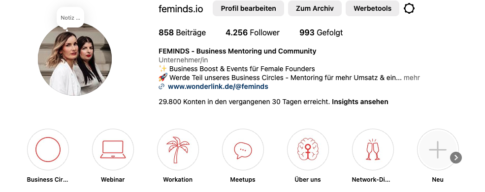 Instagram Story Highlights von FEMINDS als Beispiel für mehr Umsatz durch Instagram